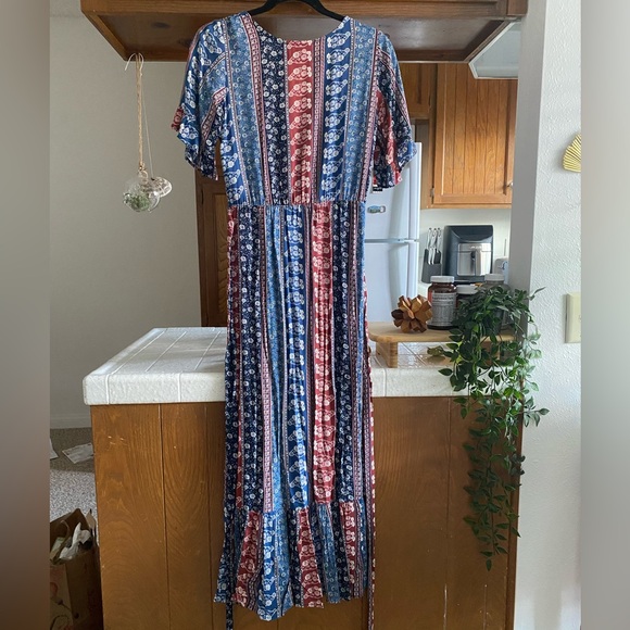 Enchanted Blue and Rust Red Print Ruffled Midi Dress | Lucy Love - Picture 5 of 10